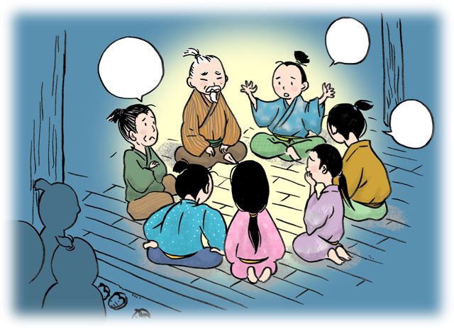 創作昔話『鎹祭』：輪になって話し合う村人たち