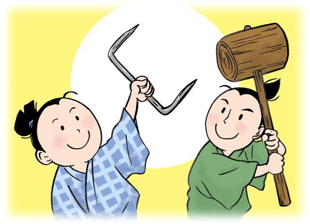 創作昔話『鎹祭』：砕けたご神木を集め、つなぎ直そうとする村人たち