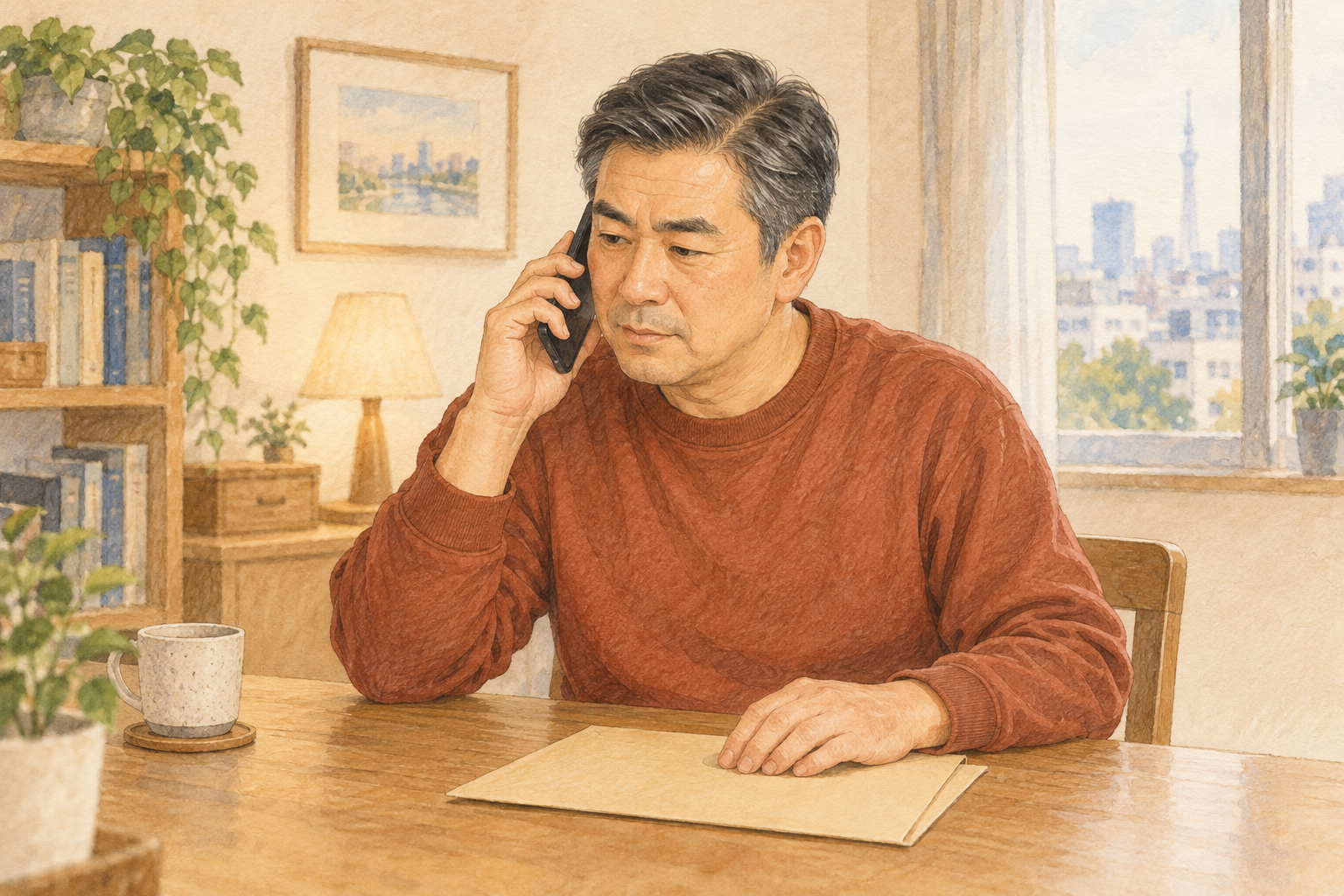 電話で実家の売却を相談する50代男性のイメージイラスト