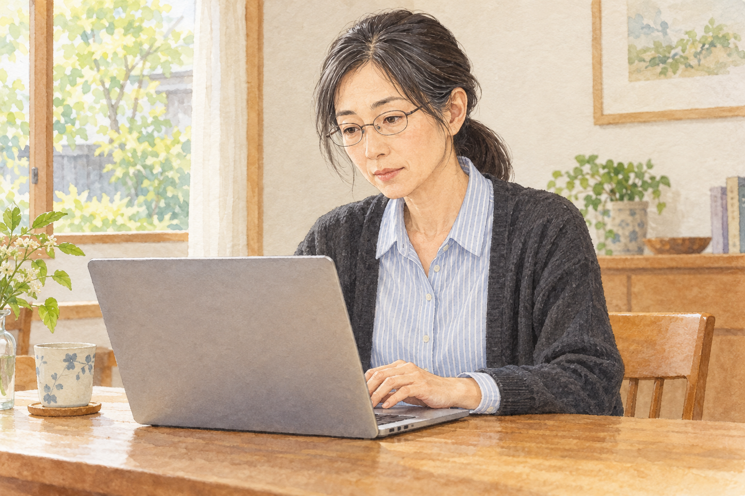 実家の庭の手入れについてメールで相談する50代女性のイメージイラスト