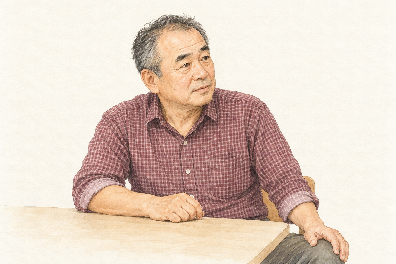 相談20の相談者をイメージした、えんじ色のチェックシャツを着た60代男性の水彩イラスト