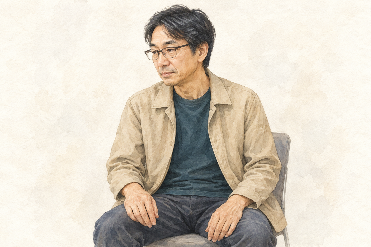 相続した実家について考える、眼鏡とベージュの上着を着た50代男性のイメージイラスト