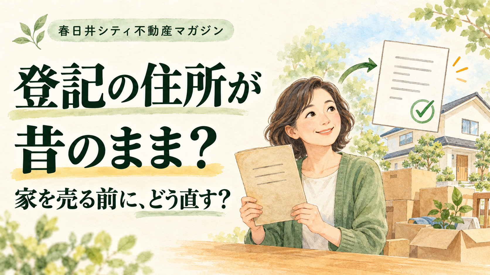 登記の住所が昔のまま？家を売る前にどう直すかを説明する記事の表紙。書類を持つ女性と家、引っ越しの箱。