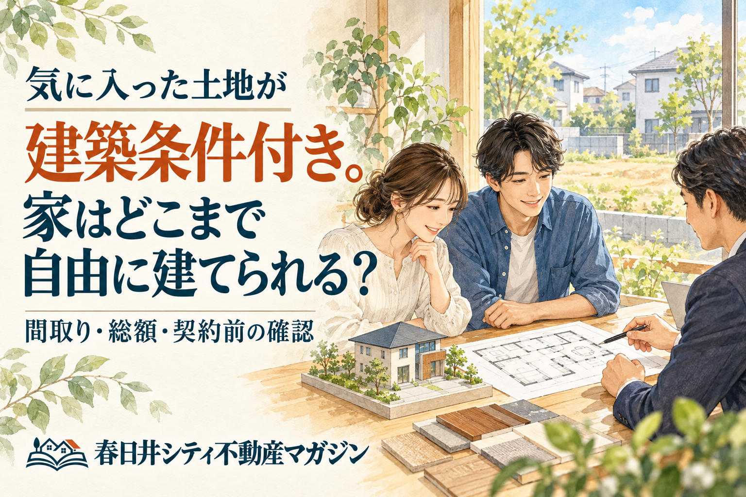 建築条件付きの土地で建てる家の間取りを相談する家族のイラスト