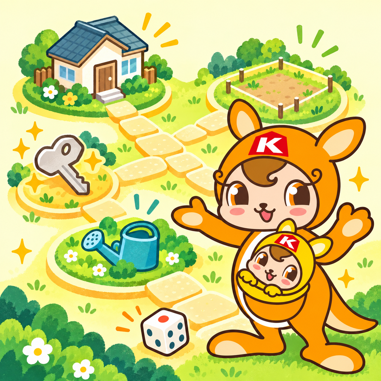 おカンとガル太と、家や土地へ分かれるゲームの道