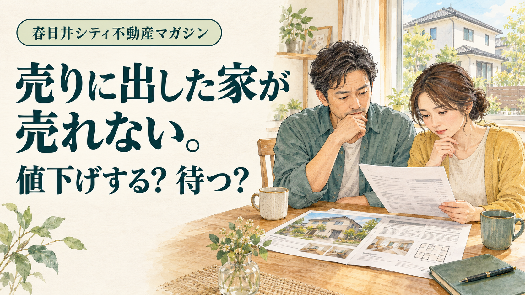 売りに出した家が売れない。値下げする？待つ？販売資料を見ながら考える夫婦のイメージイラスト