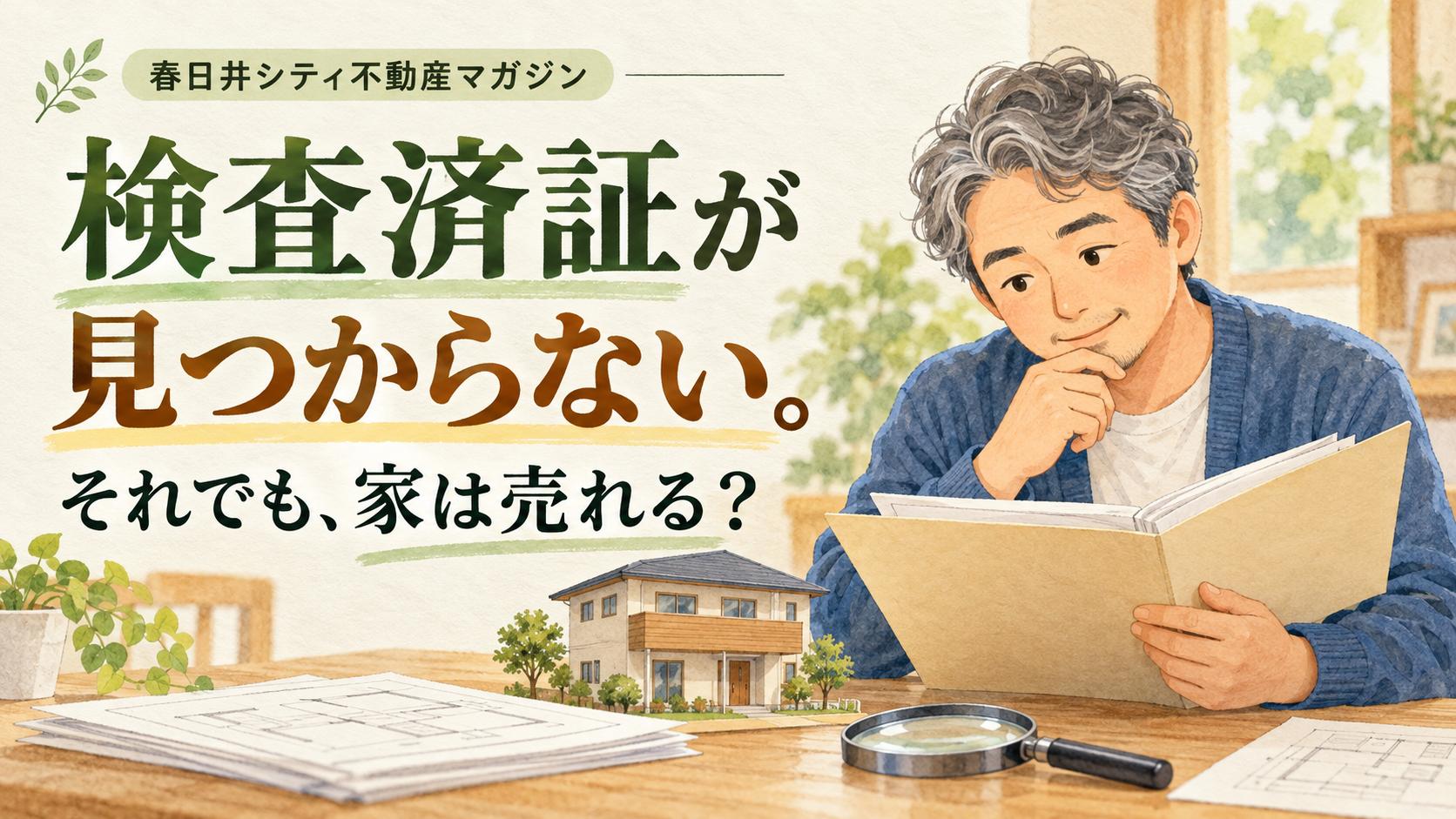 検査済証が見つからない。それでも家は売れる？家の書類を確認する売主のイラスト