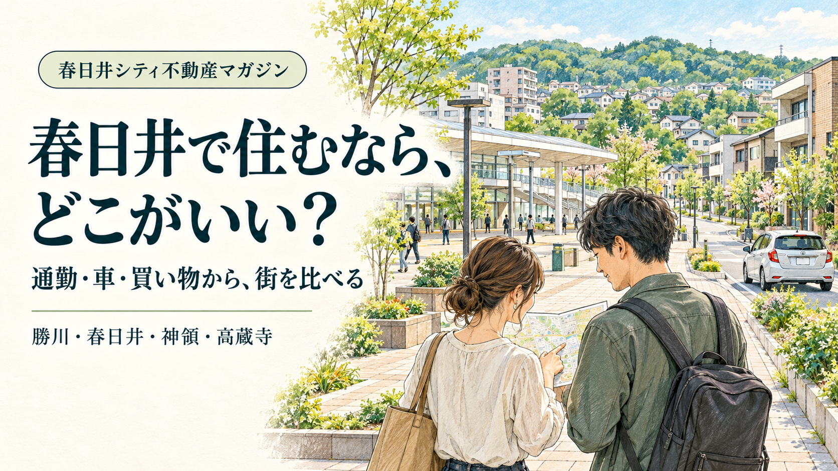 春日井で住むなら、どこがいい？通勤・車・買い物から街を比べる。街歩きをする二人のイメージイラスト