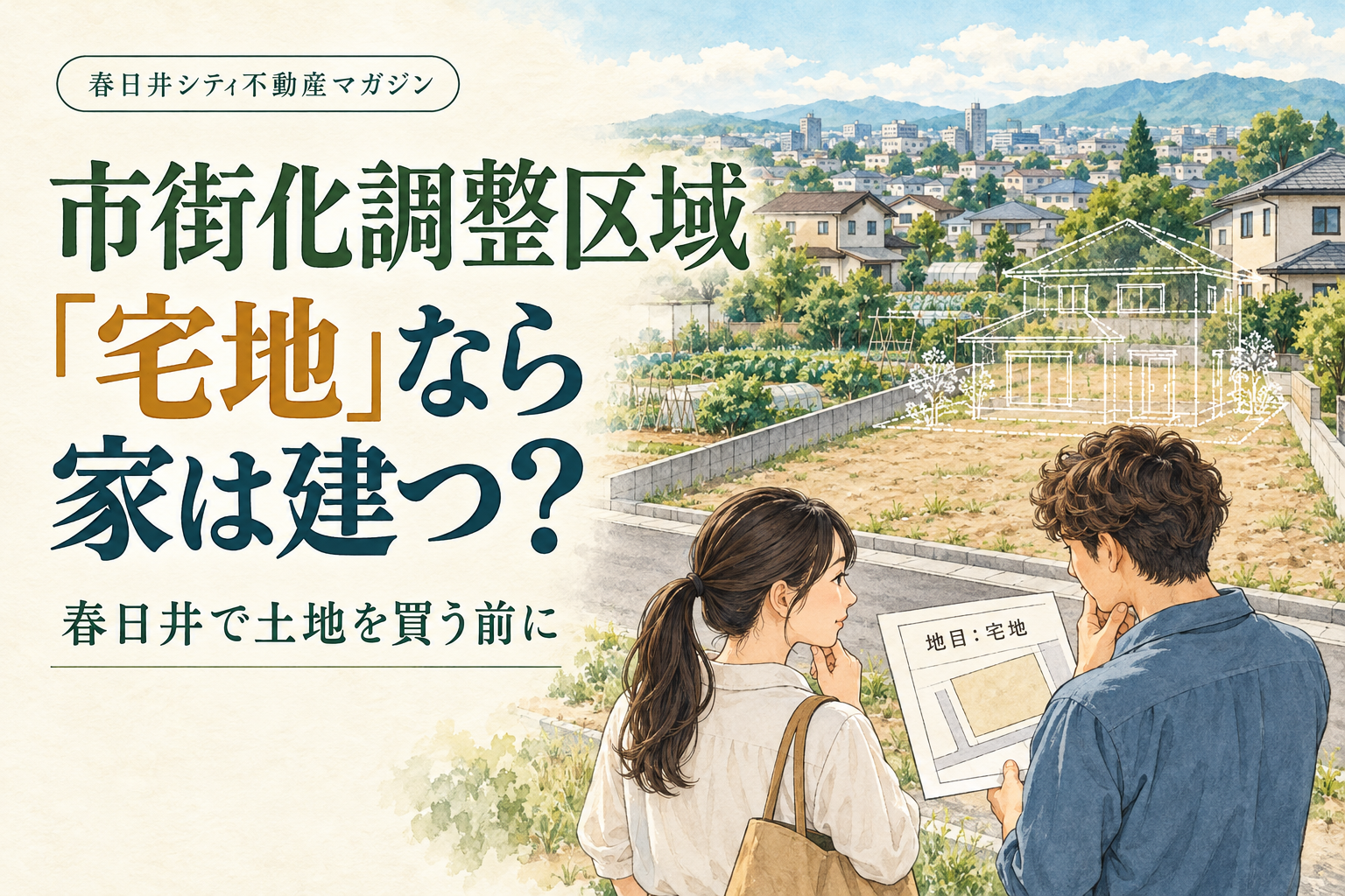 地目が宅地と書かれた物件資料を見ながら、市街化調整区域の土地で家を建てられるか考える若い夫婦のイメージイラスト