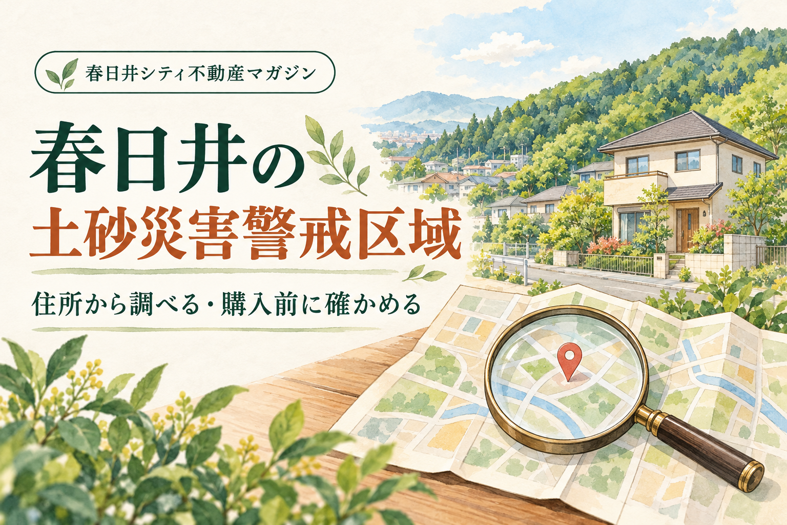 春日井の土砂災害警戒区域を住所から調べ、住宅購入前に確かめる記事のイメージ。家と地図、虫眼鏡のイラスト