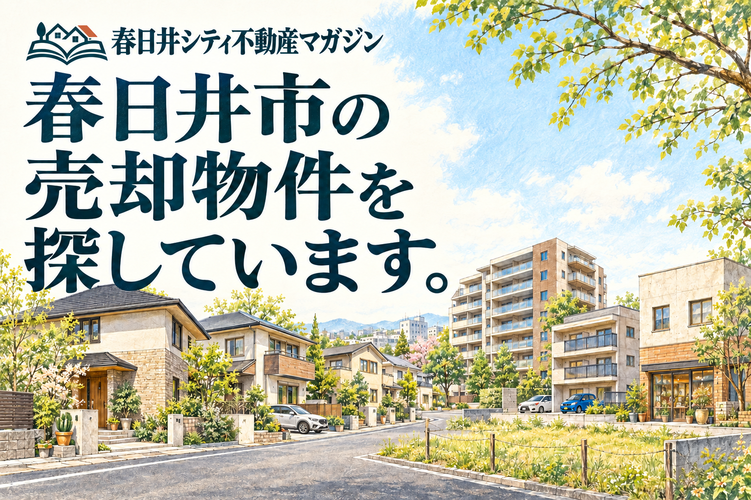 春日井市の売却物件を探しています。土地・住宅・マンションの街並みを描いたイラスト