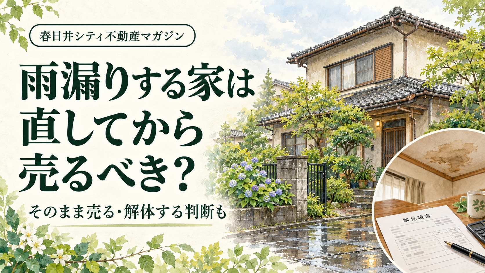 雨漏りする古い戸建て。直す・そのまま売る・解体する判断を考えるイメージイラスト