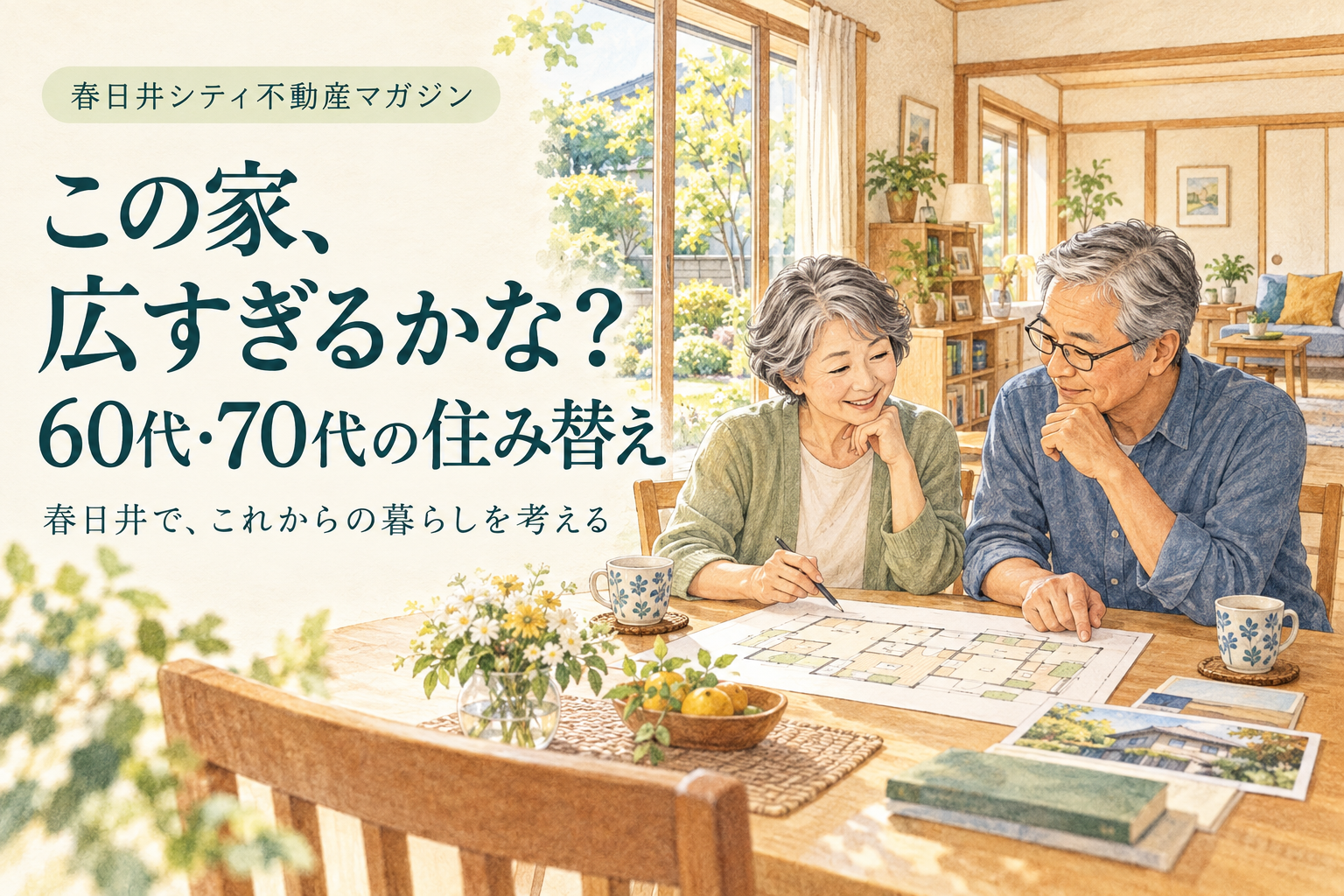 この家、広すぎるかな？60代・70代の住み替え。春日井でこれからの暮らしを考える夫婦のイラスト