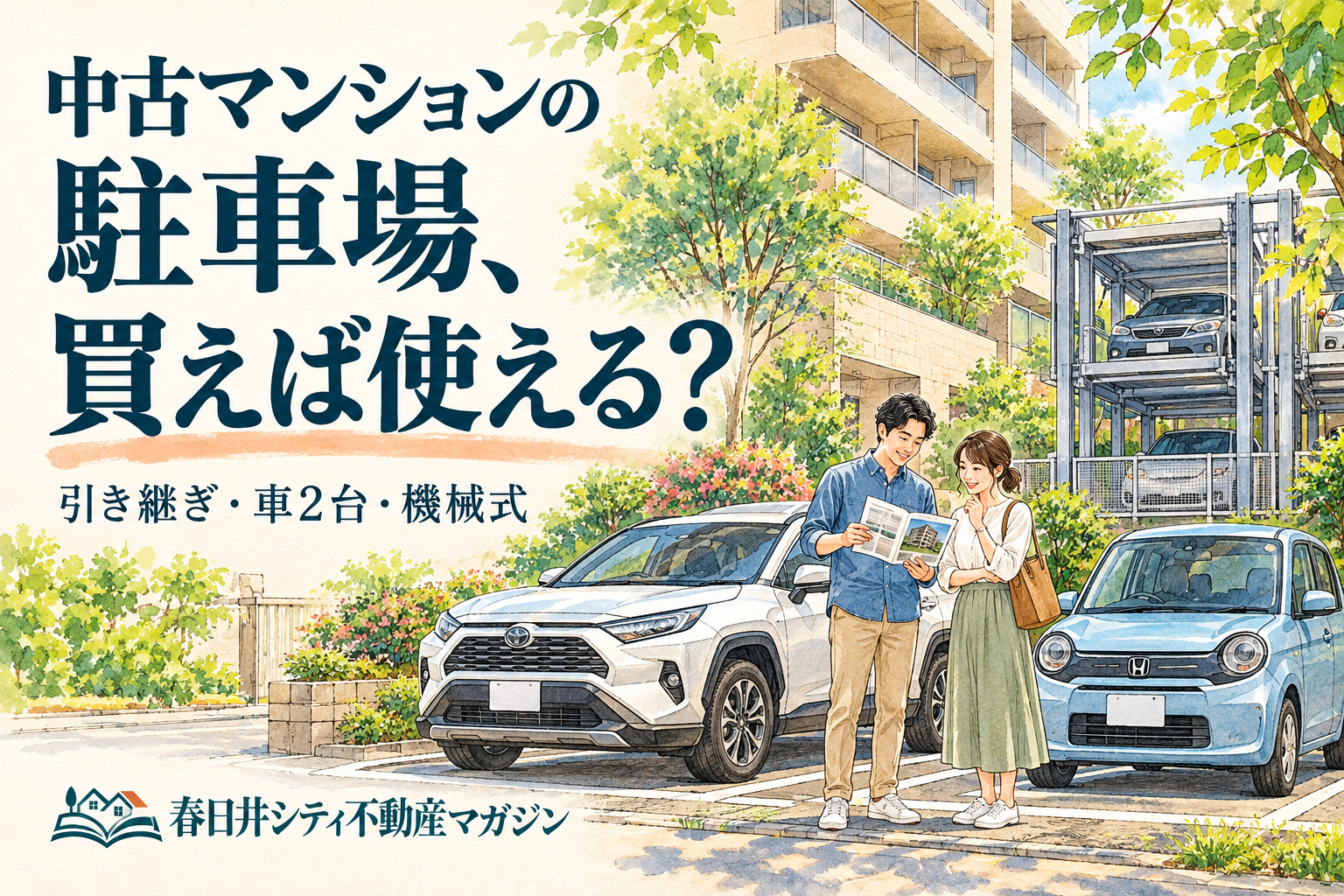 中古マンションの駐車場を確認する家族と、2台の車を描いたイラスト