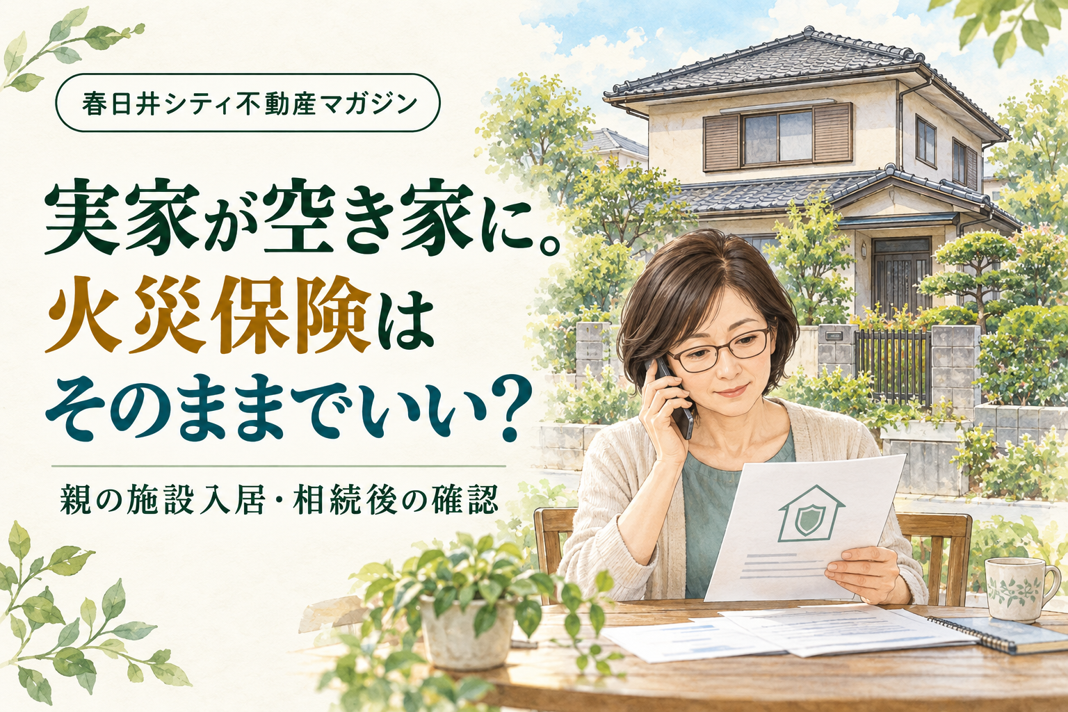 空き家になった実家の火災保険について、保険書類を見ながら電話で確認する女性のイラスト