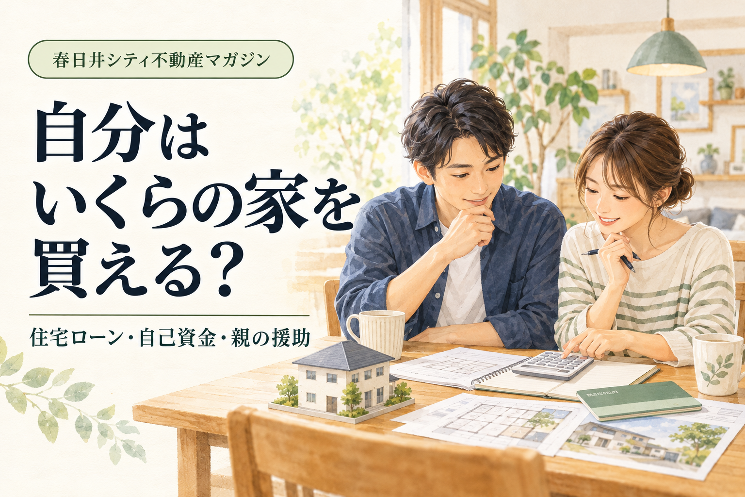 自分はいくらの家を買える？住宅ローン・自己資金・親の援助を考える若い夫婦のイメージイラスト