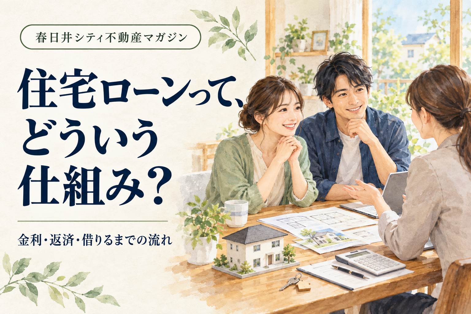 住宅ローンって、どういう仕組み？金利・返済・借りるまでの流れを相談する若い夫婦のイメージイラスト