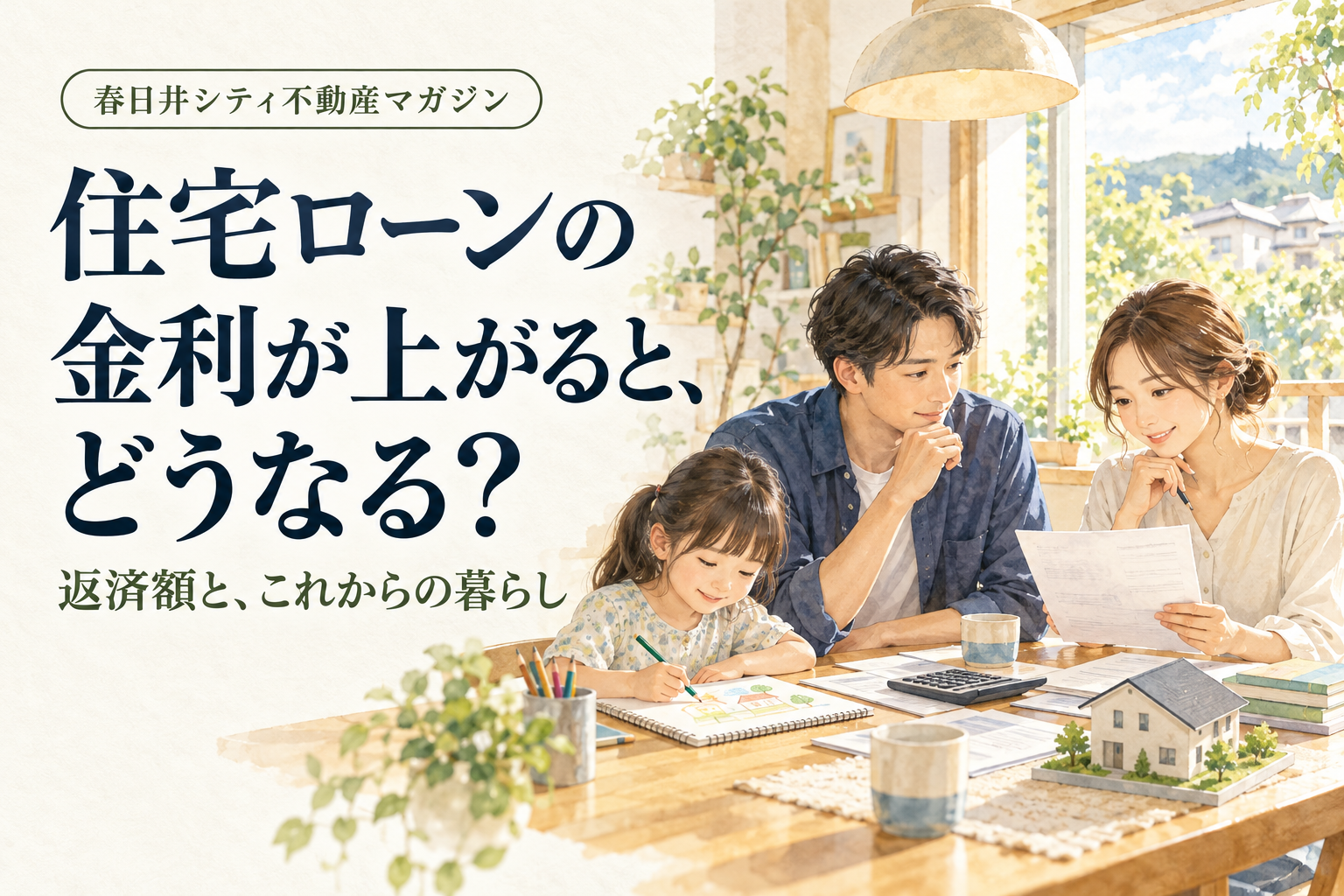 住宅ローンの金利が上がるとどうなる？返済額とこれからの暮らしを考える子育て家族のイメージイラスト