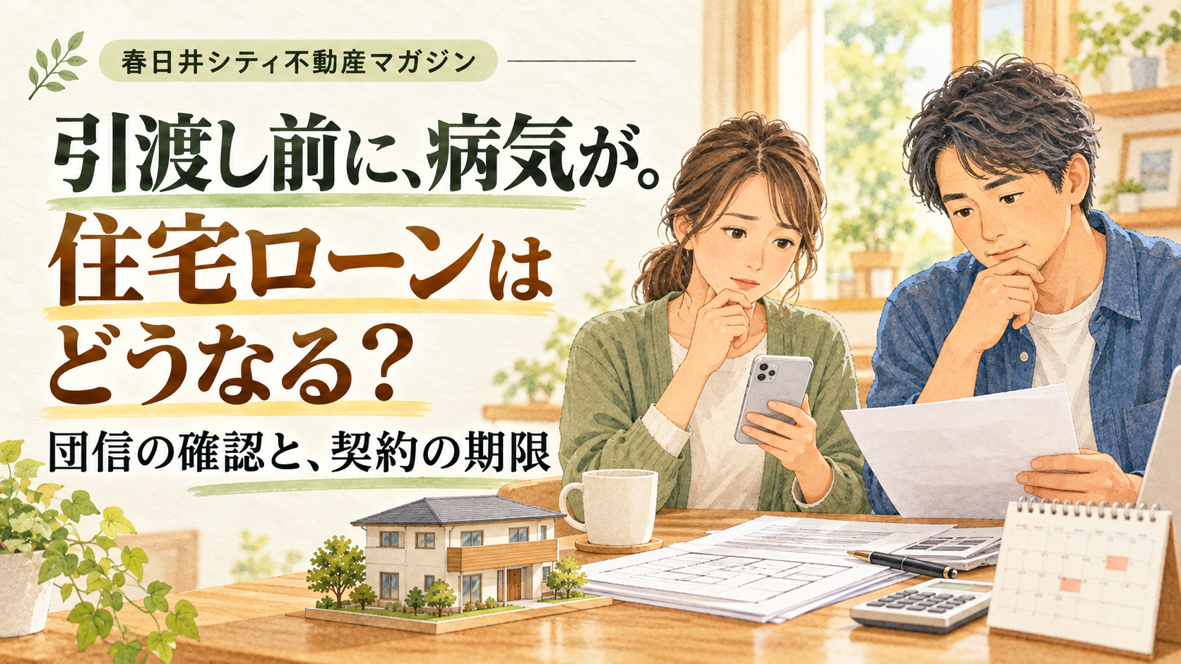 引渡し前の病気で住宅ローンを心配する夫婦。団信の確認と契約の期限を考えるイラスト