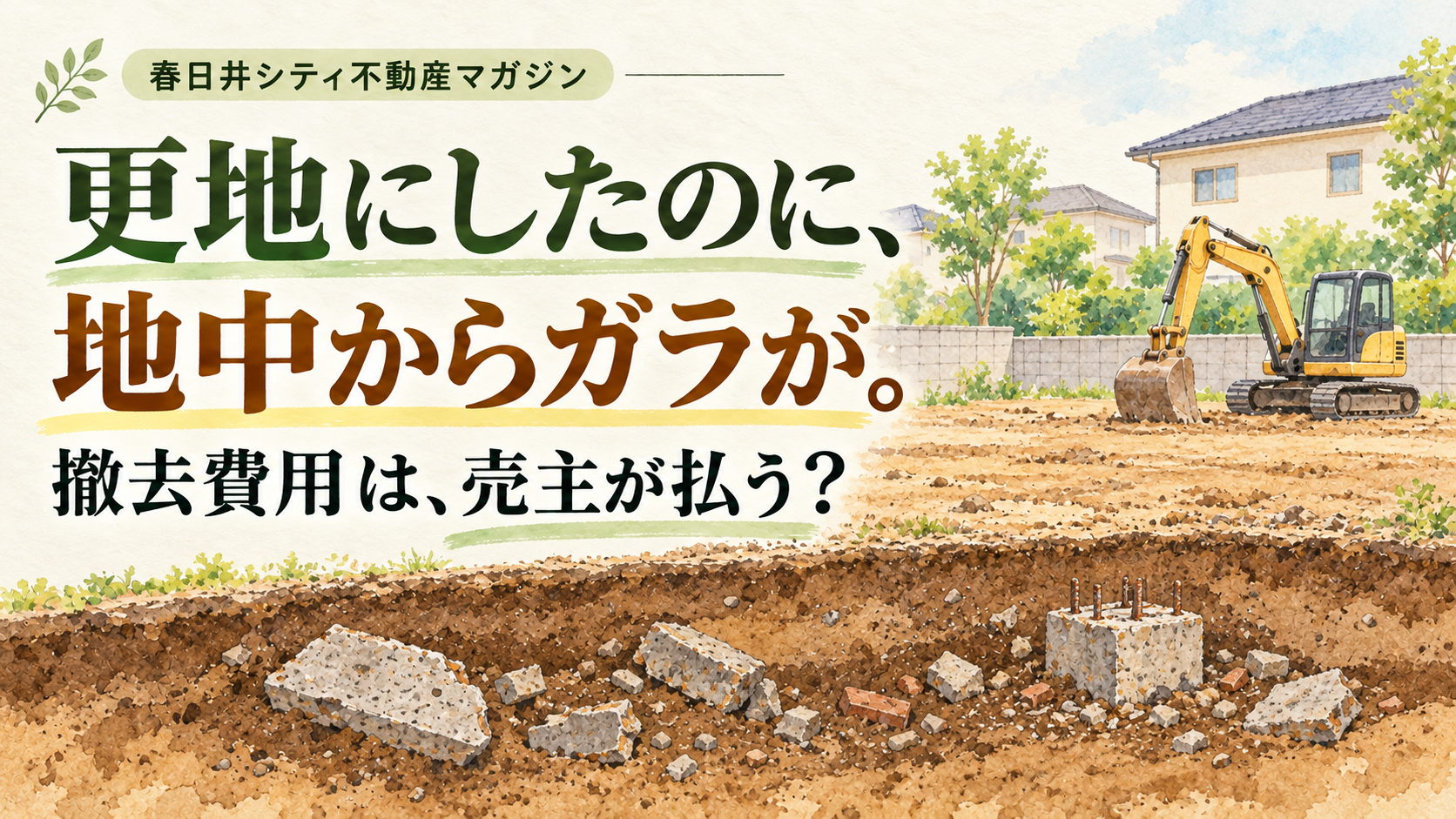 更地の下に残るコンクリート片や古い基礎を描いた、地中埋設物と売却費用のイメージ
