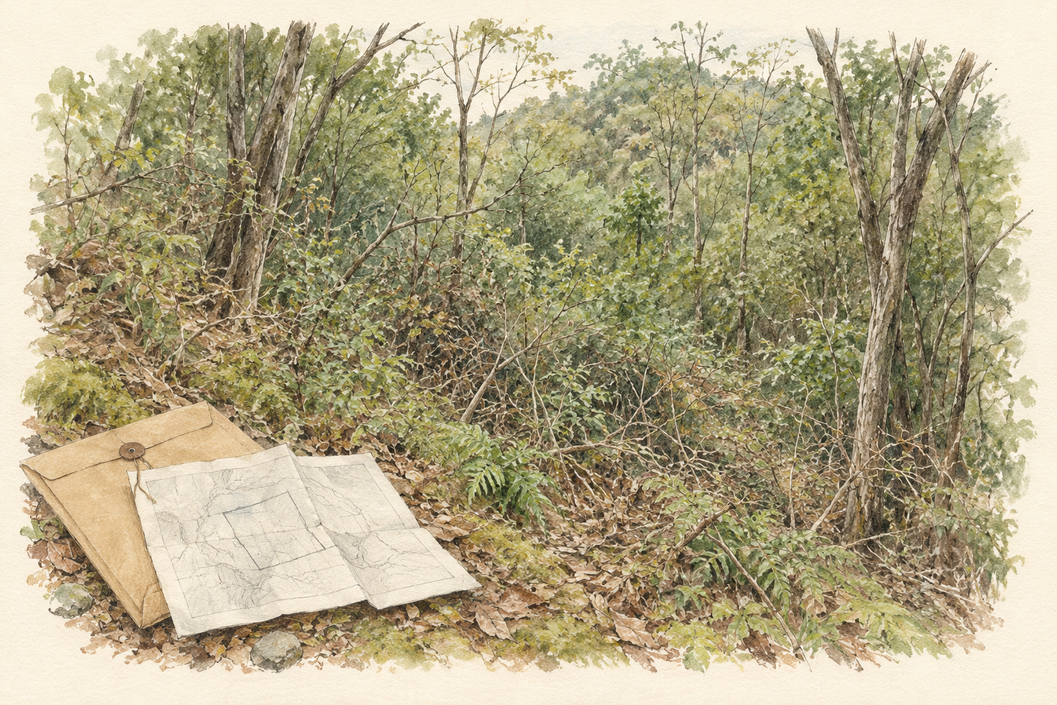 荒れた山林と古い土地の地図のイメージイラスト
