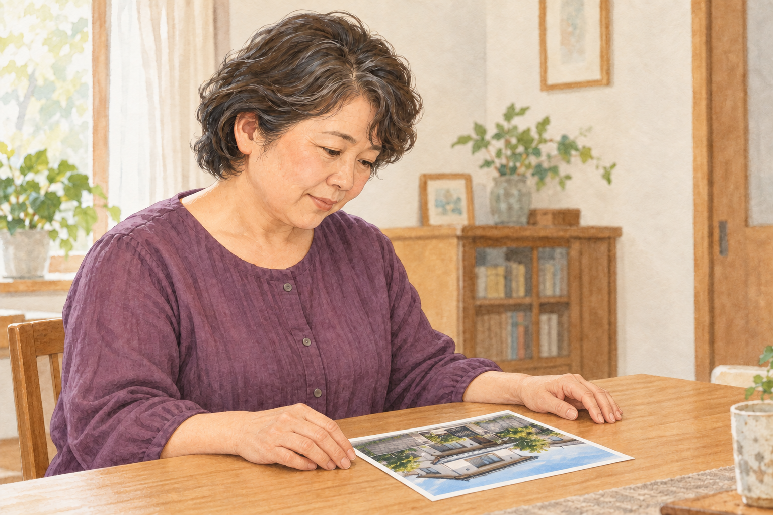 机に置いた実家の写真を見下ろす50代女性のイメージイラスト