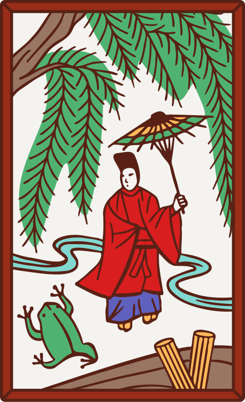 花札の柳に小野道風。傘を差した人物と柳、蛙を描いた札の絵柄
