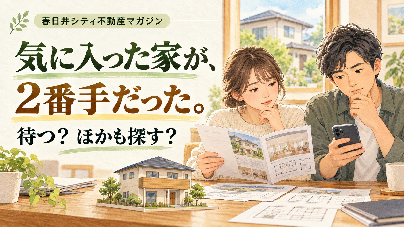 気に入った家の購入申込みが２番手になり、物件資料を見ながら待つかほかも探すか考える夫婦